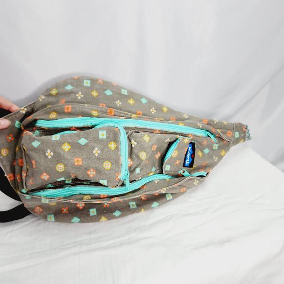 Kavu Gray & Teal Geometric Print Rope Sling Crossbody Bag Cotton Back Pack - Picture 3 of 16